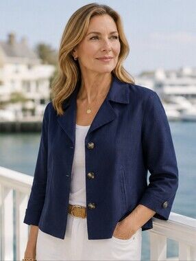 Talbots Quiet Luxury Navy Linen Blend Cropped Blazer Jacket 8P Coastal Chic